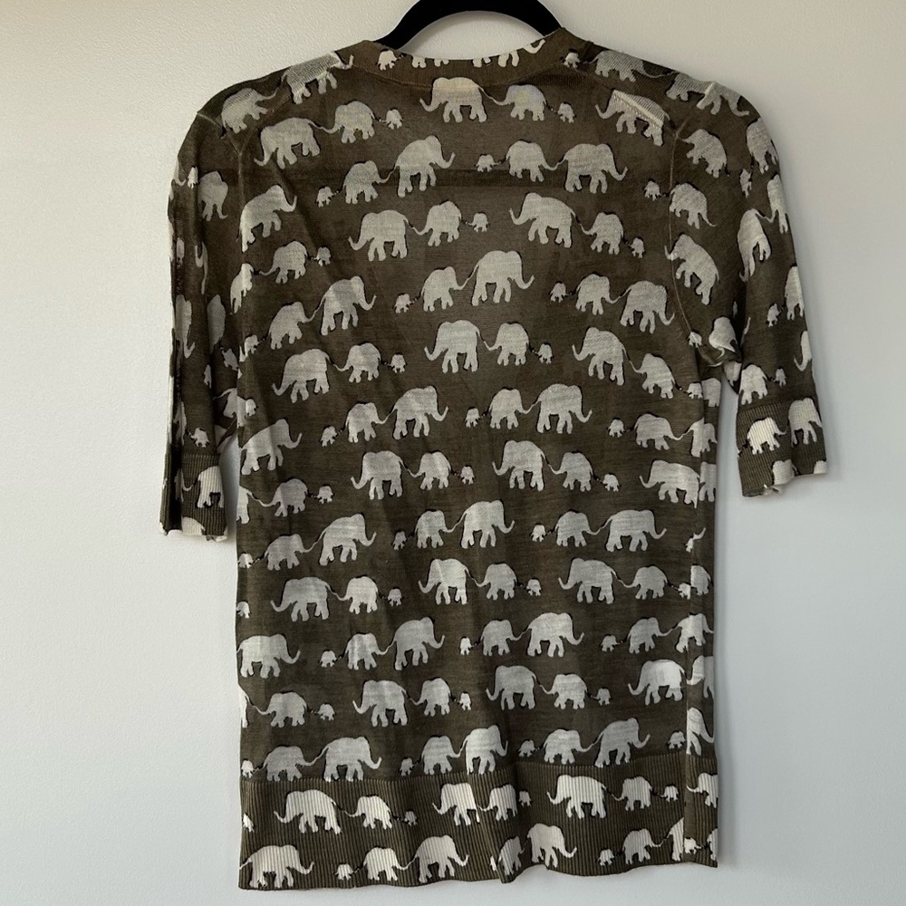 *5 for $20* LOFT Olive Green and White Elephant Print Button-Front Cardigan - Picture 2 of 5